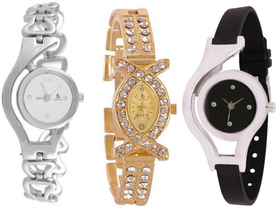 

Freny Exim Combo Of 3 Silver Chain belt Golden Diamond Bracelet Strap Black Dial Black Belt Trendy Style Womens Watches For Girls Chain Series_9 Watch - For Girls
