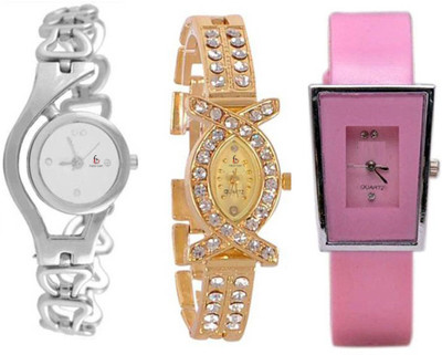 

Freny Exim Combo Set Of 3 Silver Chain belt Golden Diamond Bracelet Strap Square Dial Pink Belt Trendy Style Womens Watches For Girls Chain Series_2 Watch - For Girls