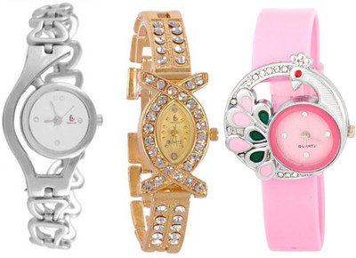 

Freny Exim Combo Set Of 3 Silver Chain belt Golden Diamond Bracelet Strap Peacock Dial Pink Belt Trendy Style Womens Watches For Girls Chain Series_6 Watch - For Girls