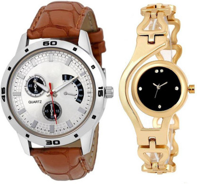 

Varni Fashion Stylish Black Dial Golden Chain Cronograph White Dial Brown Leather Couple Combo Watch For Couple Watch - For Couple