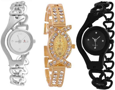 

Freny Exim Combo Of 3 Silver Colour And Black Chain belt Golden Diamond Studded Bracelet type Strap Trendy Style Womens Watches For Girls Chain Series_1 Watch - For Girls