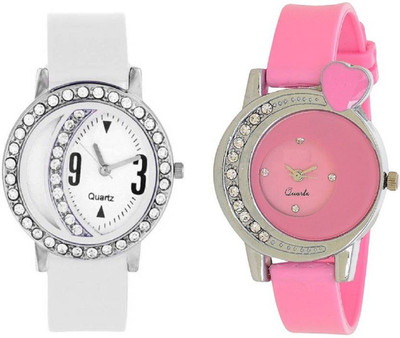 KDS New Stylish Designer White Diamond Pink Heart Shape Men & Women Watch - For Girls Watch - For Women
