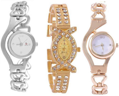 

Freny Exim College Style Set Of 3 Silver And Golden Colour Chain belt Golden Diamond Bracelet type Strap Trendy Womens Watches For Girls Chain Series_10 Watch - For Girls