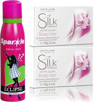 

Oriflame Sweden two Silk Beauty White Glow Soap Bar 100g (22715) With one sparkle perfume spray 150 ml(Set of 3)