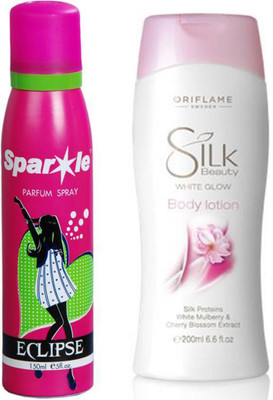 

Oriflame Sweden Silk Beauty White Glow Body Lotion 200ml (23555) With one sparkle perfume spray 150 ml(Set of 2)