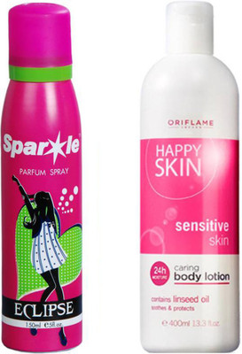 

Oriflame Sweden Happy Skin Caring Body Lotion Sensitive Skin 400ml (23729) With one sparkle perfume spray 150 ml(Set of 2)