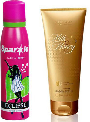 

Oriflame Sweden Milk & Honey Gold Smoothing Sugar Scrub 200ml (31601) With one sparkle perfume spray 150 ml(Set of 2)