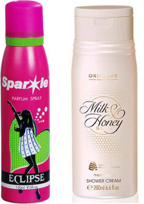 

Oriflame Sweden Milk & Honey Gold Moisturising Shower Cream 200ml (31605) With one sparkle perfume spray 150 ml(Set of 2)