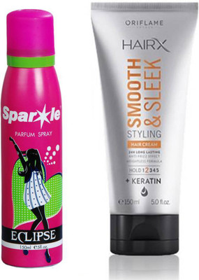 

Oriflame Sweden HairX Smooth & Sleek Styling Hair Cream 150ml (30881) With one sparkle perfume spray 150 ml(Set of 2)