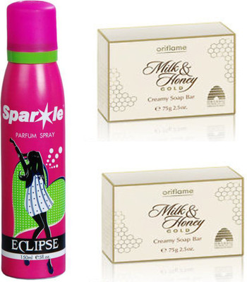 

Oriflame Sweden Milk & Honey Gold Creamy Soap Bar (32682) With one sparkle perfume spray 150 ml(Set of 2)
