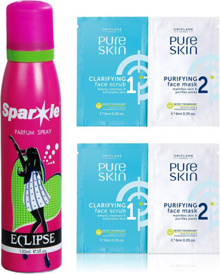 

Oriflame Sweden two Pure Skin Scrub & Mask 12ml (32652) With one sparkle perfume spray 150 ml(Set of 3)