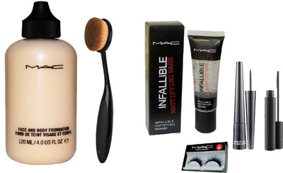 

LUV-LI IMPORTED PROFESSIONAL MAC MAKEUP COMBO 1 FOUNDATION, 1 FACE GEL PRIMER, 1 EYELINER, 1 MASCARA, 1 PAIR EYE LASHES, 1 OVAL BRUSH(Set of 6)