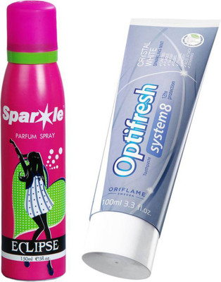 

Oriflame Sweden Optifresh System 8 Crystal White Toothpaste 100ml (32060) With one sparkle perfume spray 150 ml(Set of 2)