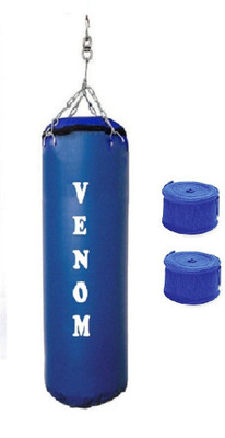 

Venom 4.0 Feet Long, SRF - STANDARD Material, Blue Color, Unfilled with Hanging Chain and 9 Freet Long Blue Color Hand Wrap Pair Boxing Kit