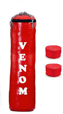 

Venom 8.0 Feet Long, SRF - STANDARD Material, RED Color, Unfilled with Hanging Chain and 9 Freet Long RED Color Hand Wrap Pair Boxing Kit