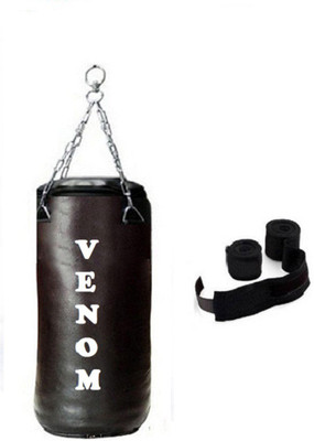 

Venom 3.0 Feet Long, SRF - STANDARD Material, Black Color, Unfilled with Hanging Chain and 9 Freet Long Black Color Hand Wrap Pair Boxing Kit