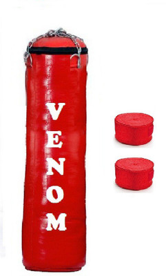 

Venom 7.5 Feet Long, SRF - STANDARD Material, RED Color, Unfilled with Hanging Chain and 9 Freet Long RED Color Hand Wrap Pair Boxing Kit