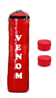 

Venom 6.0 Feet Long, SRF - STANDARD Material, RED Color, Unfilled with Hanging Chain and 9 Freet Long RED Color Hand Wrap Pair Boxing Kit