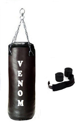 

Venom 6.5 Feet Long, SRF - STANDARD Material, Black Color, Unfilled with Hanging Chain and 9 Freet Long Black Color Hand Wrap Pair Boxing Kit