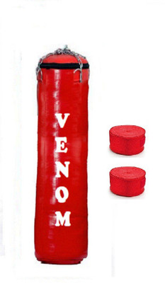 

Venom 5.0 Feet Long, SRF - STANDARD Material, RED Color, Unfilled with Hanging Chain and 9 Freet Long RED Color Hand Wrap Pair Boxing Kit