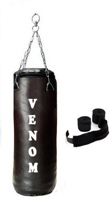 

Venom 7.0 Feet Long, SRF - STANDARD Material, Black Color, Unfilled with Hanging Chain and 9 Freet Long Black Color Hand Wrap Pair Boxing Kit