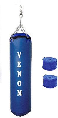 

Venom 5.5 Feet Long, SRF - STANDARD Material, Blue Color, Unfilled with Hanging Chain and 9 Freet Long Blue Color Hand Wrap Pair Boxing Kit