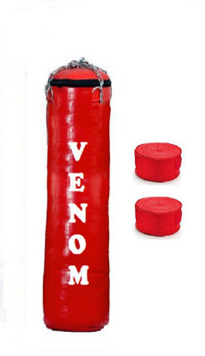 

Venom 3.0 Feet Long, SRF - STANDARD Material, RED Color, Unfilled with Hanging Chain and 9 Freet Long RED Color Hand Wrap Pair Boxing Kit