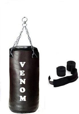 

Venom 1.5 Feet Long, SRF - STANDARD Material, Black Color, Unfilled with Hanging Chain and 9 Freet Long Black Color Hand Wrap Pair Boxing Kit