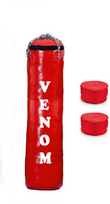 

Venom 2.0 Feet Long, SRF - STANDARD Material, RED Color, Unfilled with Hanging Chain and 9 Freet Long RED Color Hand Wrap Pair Boxing Kit