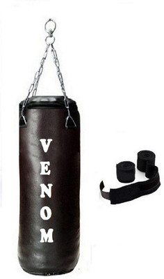 

Venom 6.0 Feet Long, SRF - STANDARD Material, Black Color, Unfilled with Hanging Chain and 9 Freet Long Black Color Hand Wrap Pair Boxing Kit