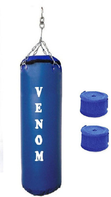 

Venom 3.0 Feet Long, SRF - STANDARD Material, Blue Color, Unfilled with Hanging Chain and 9 Freet Long Blue Color Hand Wrap Pair Boxing Kit