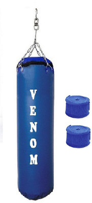 

Venom 6.5 Feet Long, SRF - STANDARD Material, Blue Color, Unfilled with Hanging Chain and 9 Freet Long Blue Color Hand Wrap Pair Boxing Kit