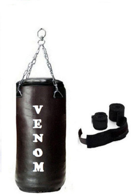 

Venom 5.0 Feet Long, SRF - STANDARD Material, Black Color, Unfilled with Hanging Chain and 9 Freet Long Black Color Hand Wrap Pair Boxing Kit