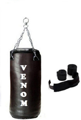 

Venom 3.5 Feet Long, SRF - STANDARD Material, Black Color, Unfilled with Hanging Chain and 9 Freet Long Black Color Hand Wrap Pair Boxing Kit