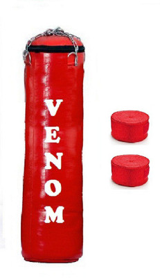 

Venom 6.5 Feet Long, SRF - STANDARD Material, RED Color, Unfilled with Hanging Chain and 9 Freet Long RED Color Hand Wrap Pair Boxing Kit