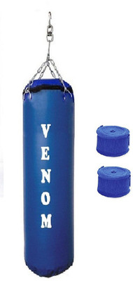 

Venom 7.0 Feet Long, SRF - STANDARD Material, Blue Color, Unfilled with Hanging Chain and 9 Freet Long Blue Color Hand Wrap Pair Boxing Kit