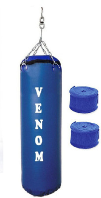 

Venom 1.5 Feet Long, SRF - STANDARD Material, Blue Color, Unfilled with Hanging Chain and 9 Freet Long Blue Color Hand Wrap Pair Boxing Kit