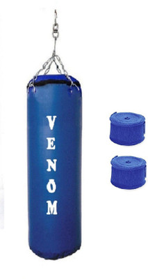 

Venom 5.0 Feet Long, SRF - STANDARD Material, Blue Color, Unfilled with Hanging Chain and 9 Freet Long Blue Color Hand Wrap Pair Boxing Kit