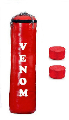 

Venom 7.0 Feet Long, SRF - STANDARD Material, RED Color, Unfilled with Hanging Chain and 9 Freet Long RED Color Hand Wrap Pair Boxing Kit
