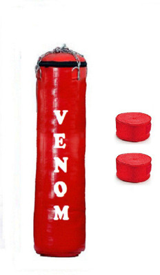 

Venom 4.5 Feet Long, SRF - STANDARD Material, RED Color, Unfilled with Hanging Chain and 9 Freet Long RED Color Hand Wrap Pair Boxing Kit