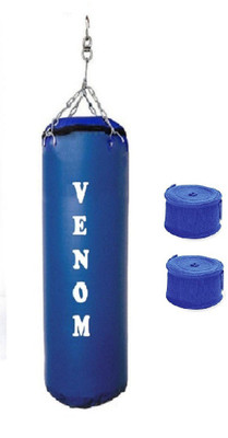 

Venom 3.5 Feet Long, SRF - STANDARD Material, Blue Color, Unfilled with Hanging Chain and 9 Freet Long Blue Color Hand Wrap Pair Boxing Kit