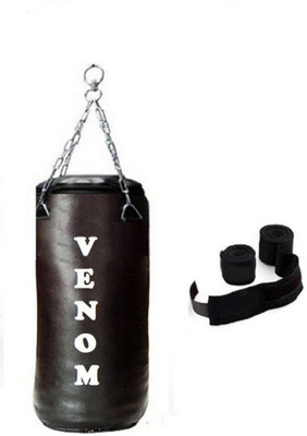 

Venom 2.5 Feet Long, SRF - STANDARD Material, Black Color, Unfilled with Hanging Chain and 9 Freet Long Black Color Hand Wrap Pair Boxing Kit