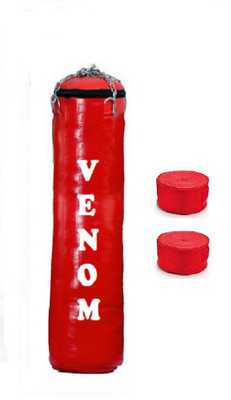 

Venom 3.5 Feet Long, SRF - STANDARD Material, RED Color, Unfilled with Hanging Chain and 9 Freet Long RED Color Hand Wrap Pair Boxing Kit