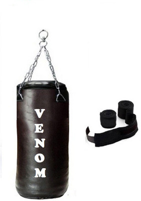 

Venom 2.0 Feet Long, SRF - STANDARD Material, Black Color, Unfilled with Hanging Chain and 9 Freet Long Black Color Hand Wrap Pair Boxing Kit