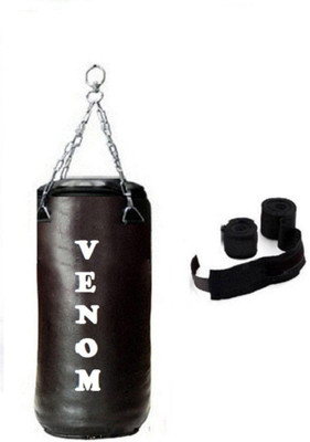 

Venom 4.5 Feet Long, SRF - STANDARD Material, Black Color, Unfilled with Hanging Chain and 9 Freet Long Black Color Hand Wrap Pair Boxing Kit