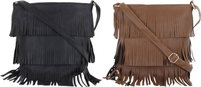 

Wrodss Women Casual Black, Brown PU, Cotton Sling Bag