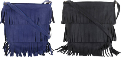 

Wrodss Women Casual Black, Blue PU, Cotton Sling Bag