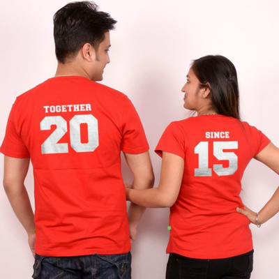 Buy BonOrganik Printed Couple Round Neck Red T Shirt Pack of 2 on