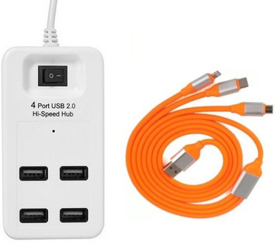 

durReey Set of Multi connectivity USB Hub with 3 IN 1 Lightning 8 Pin + ANDROID+ CType C51Y USB Hub, USB Cable(Orange, White)