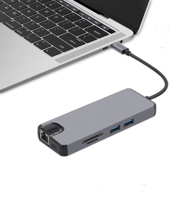 microware 8 in 1 New Stylish USB C Hub, USB Type C Adapter with HDMI Port, VGA Port, Gigabit Ethernet Port RJ45, USBC Power Delivery, 2 USB 3.0, TF/SD Card Reader, for MacBook Pro, Google Chromebook and More, Space Grey 2501 USB Hub(Grey)
